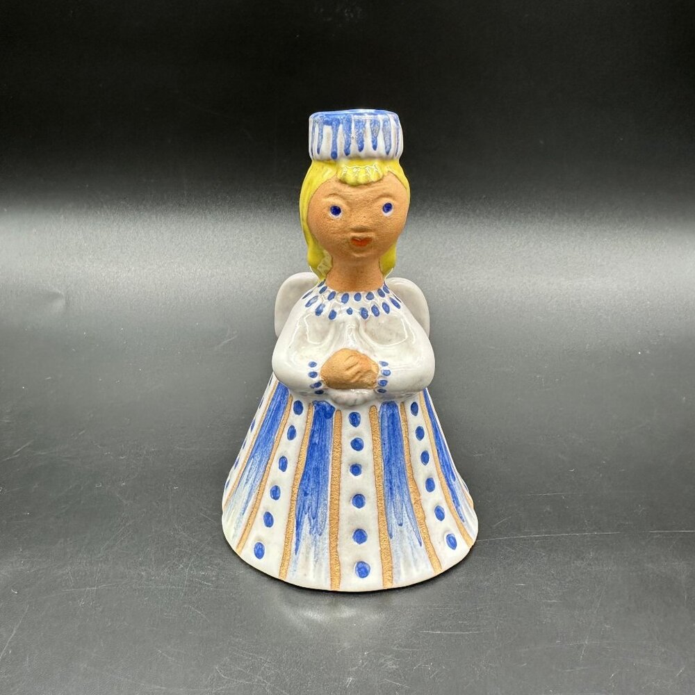Vintage Pottery Candle Holder Blue White Angel Girl Folk Art Mid Century 1960s